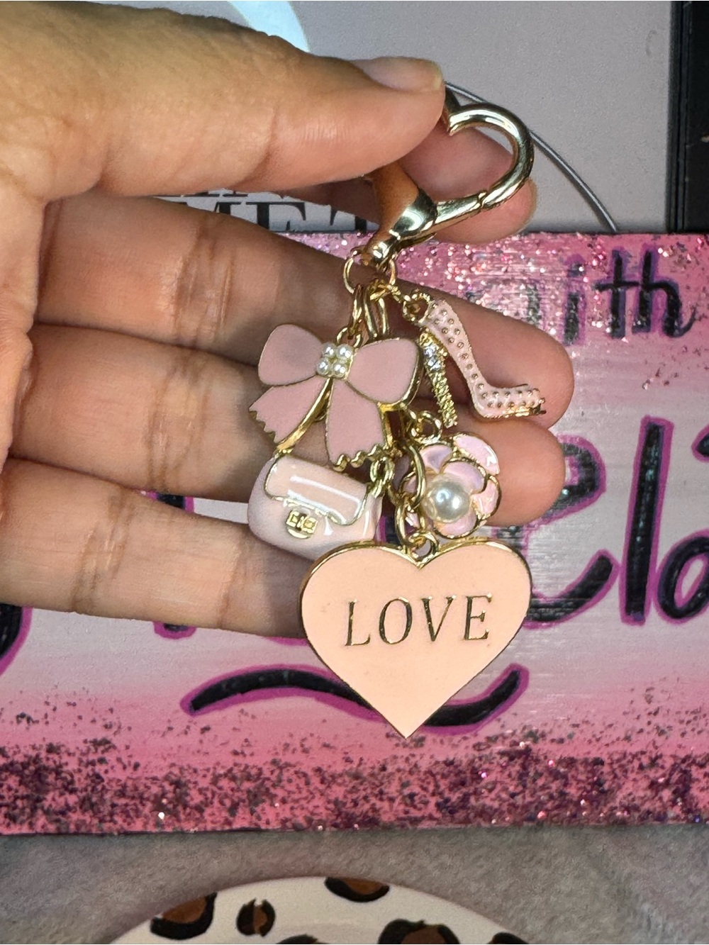 LOVE Pink Heart Charm Keychain with Bow and Shoe Accents